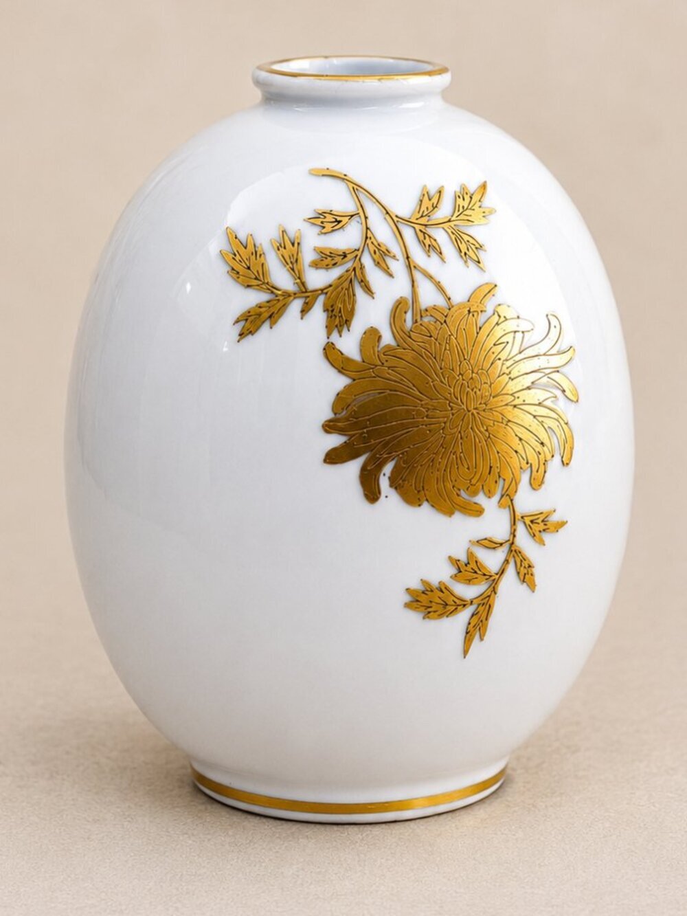 Vintage Japanese Porcelain Chrysanthemum Vase White Gold Floral 6" Asian Decor
